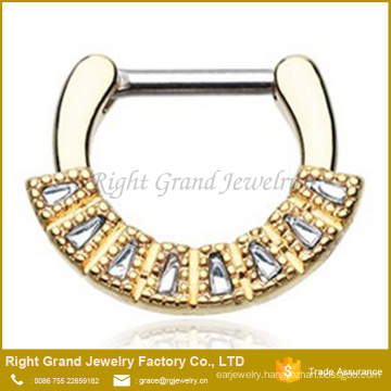 Customized Size Silver Gold Plated Surgical Steel Rhinestone Septum Ring